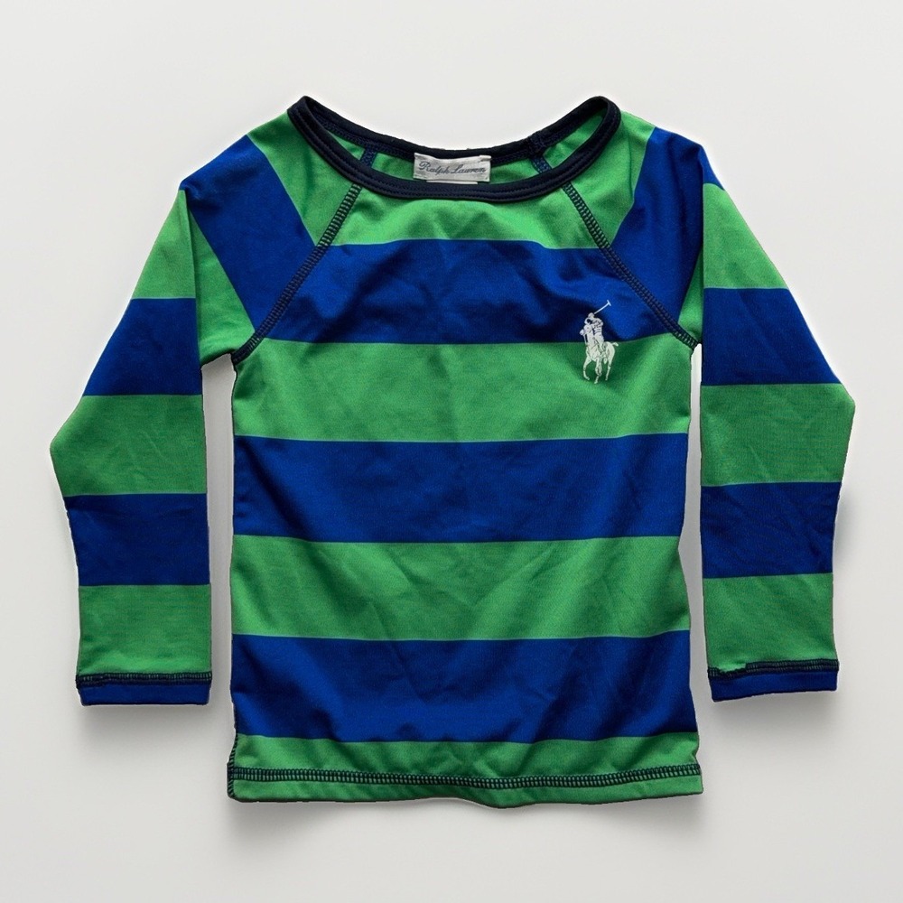 Ralph Lauren Baby Green Long Sleeve Rashguard Swim 24M Stripped Big Pony Preppy